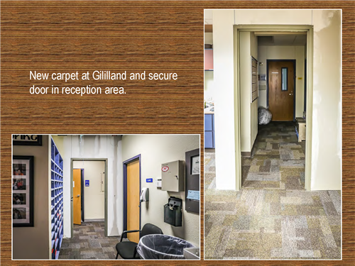 Two photos of new carpet at Gililland Elementary School and secure door in reception area. 